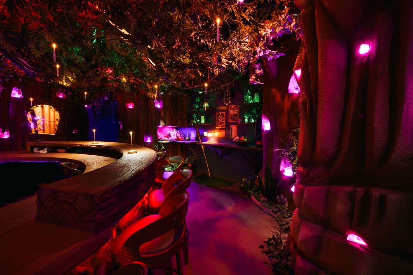 The curved wooden counter in Everburn Woods, lit pink and red under the leaf canopy
