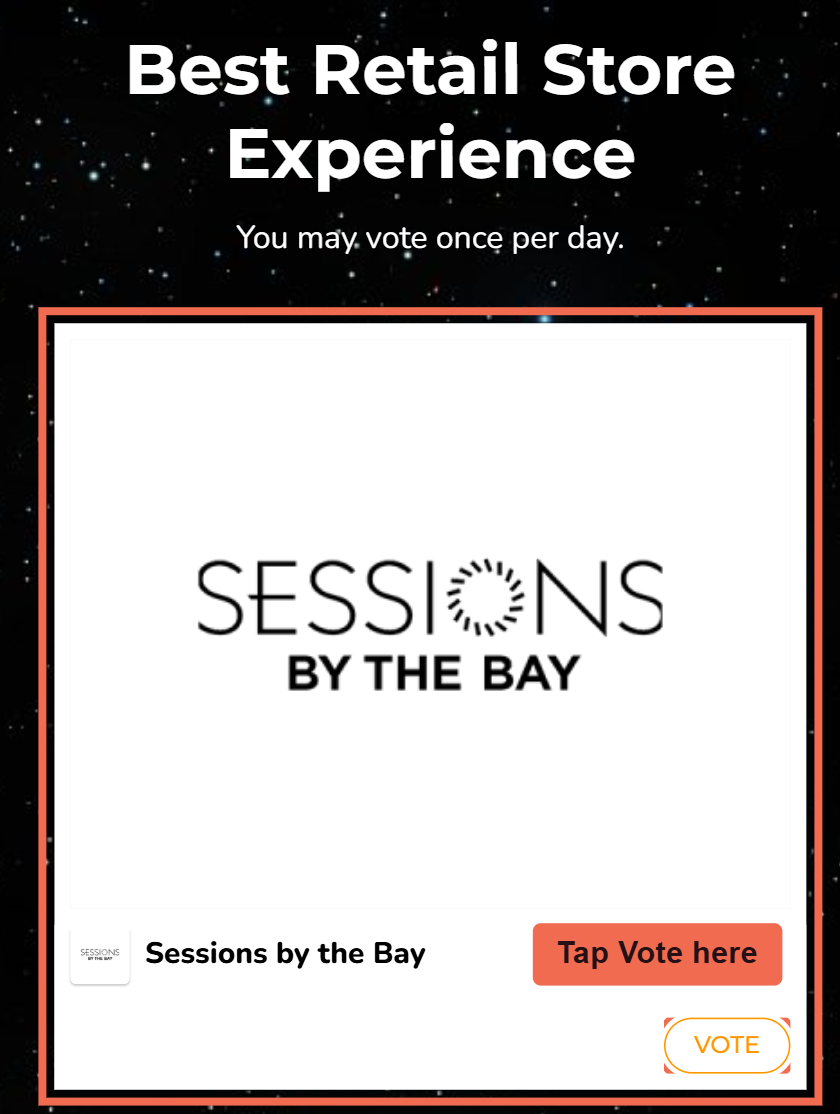 The Emjays voting page on a phone, showing the Best Retail Store Experience category with the Sessions By The Bay tile outlined and its Vote button marked
