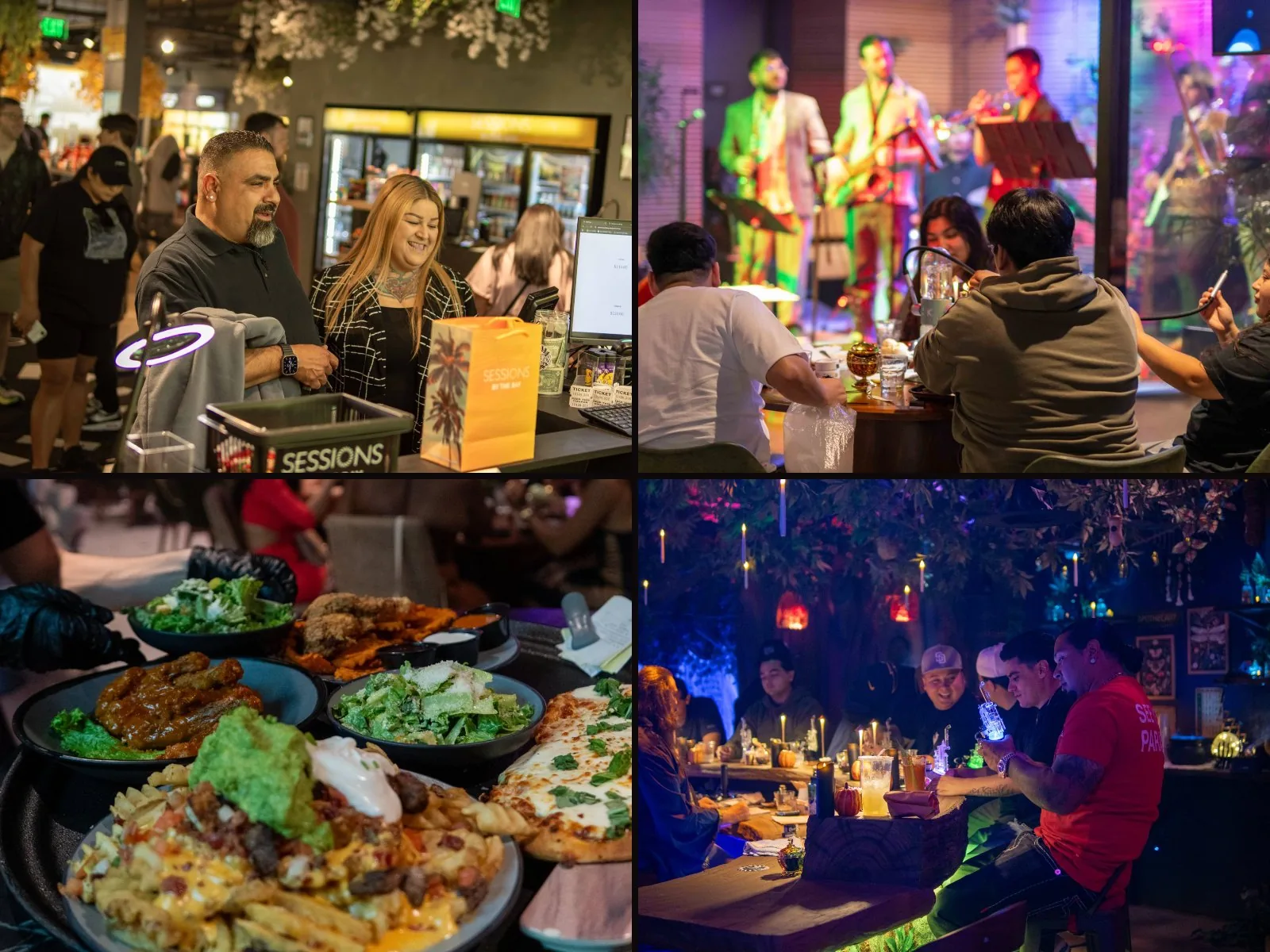 Four photos from Sessions By The Bay: shoppers at the dispensary counter, a live band playing to the lounge, a table of food from the kitchen, and guests in the candlelit Everburn Woods speakeasy